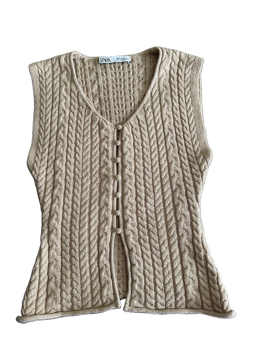 ZARA Beige Cable Knit Sweater Vest Top V Neck Button Front Sleeveless Small